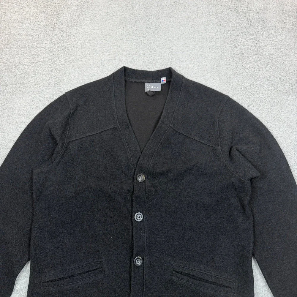 Ibex Merino Wool Cardigan Sweater Mens Large Black Full Button Elbow Patches USA